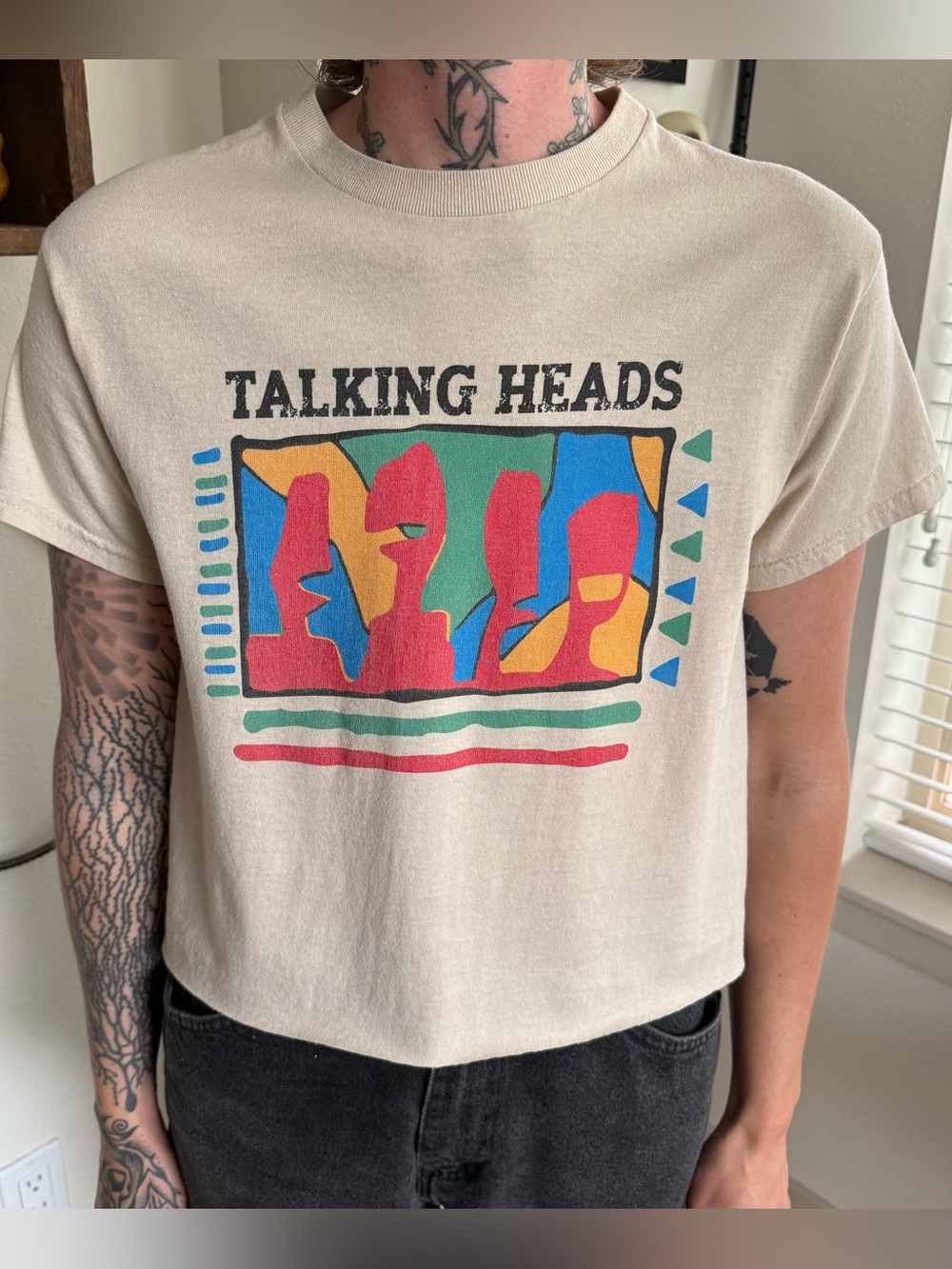 Talking Heads Cropped Tan Abstract Band Silhouette Graphic Tee ~ Size Small